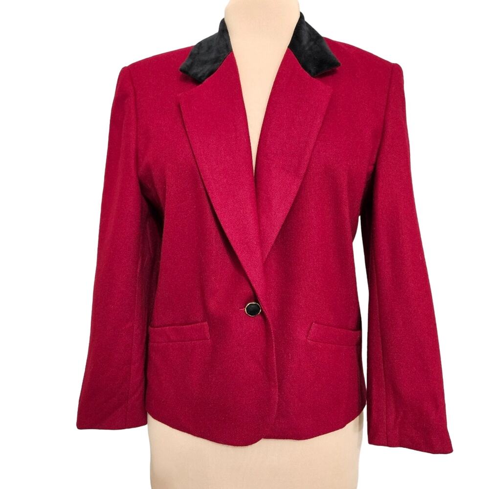 Vintage Blazer Red 100% Wool Crushed Velvet Collar Jacket by Koret Corpcore 10